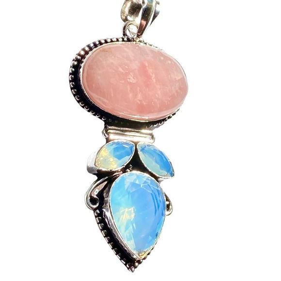 Rose Quartz & Opalite Gemstones in a Handcrafted 925 Stamped Pendant - Picture 3 of 4